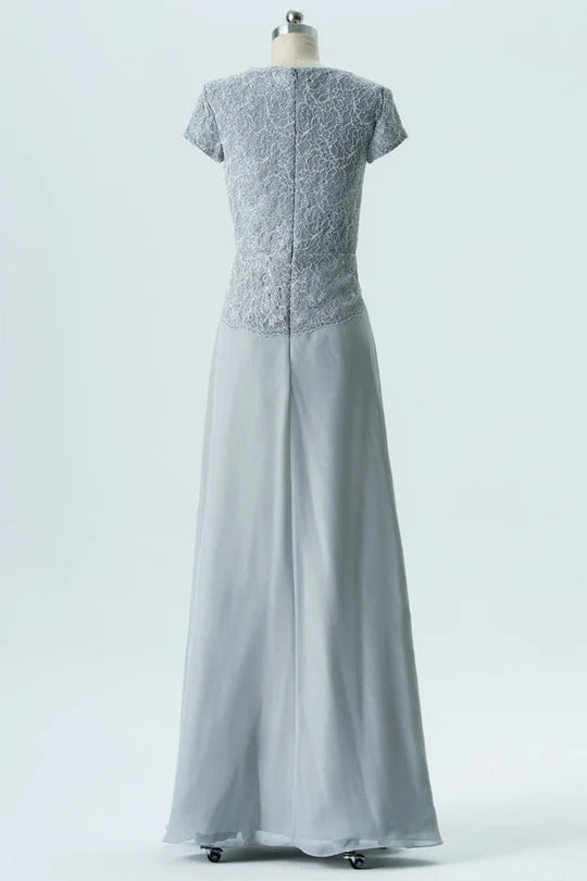 Vestido de dama de honor de gasa con cuello en V y manga corta hasta el suelo